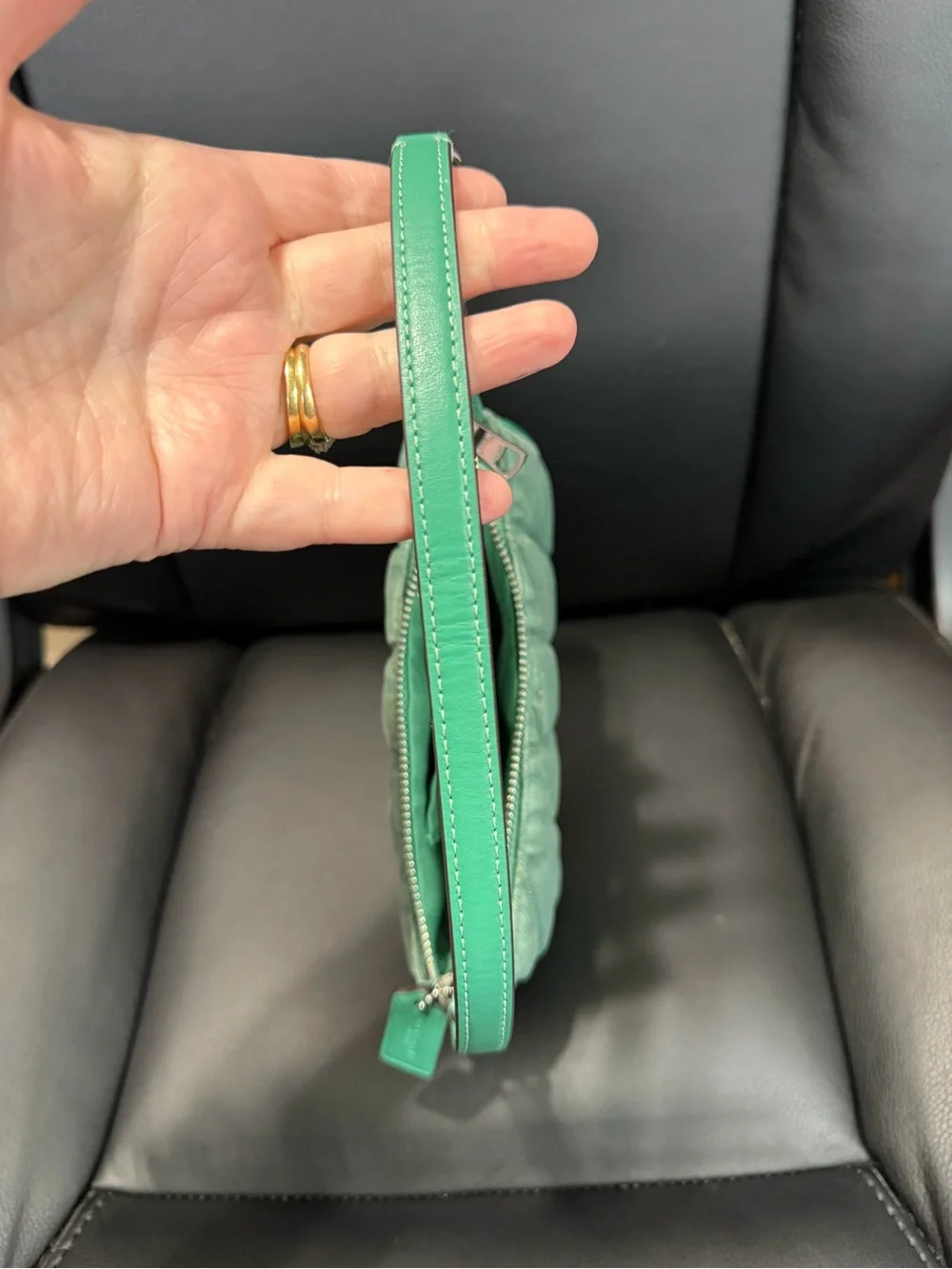 Coach Nolia Green denim silver hardware wristlet/mini bag